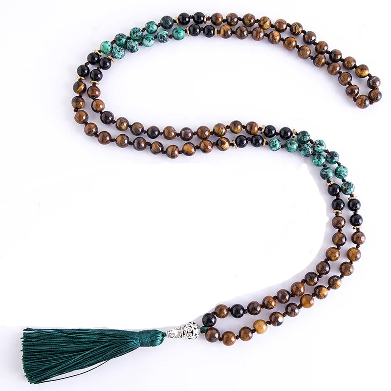 Tiger eye and turquoise tassel necklace