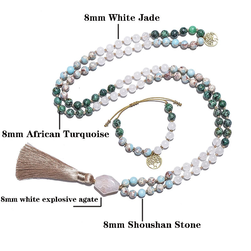 Japanese Mala necklace in white stone and African turquoise
