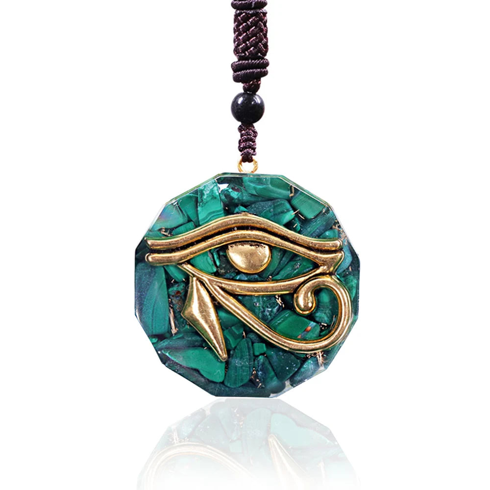 Symbolic pendant in malachite and orgone
