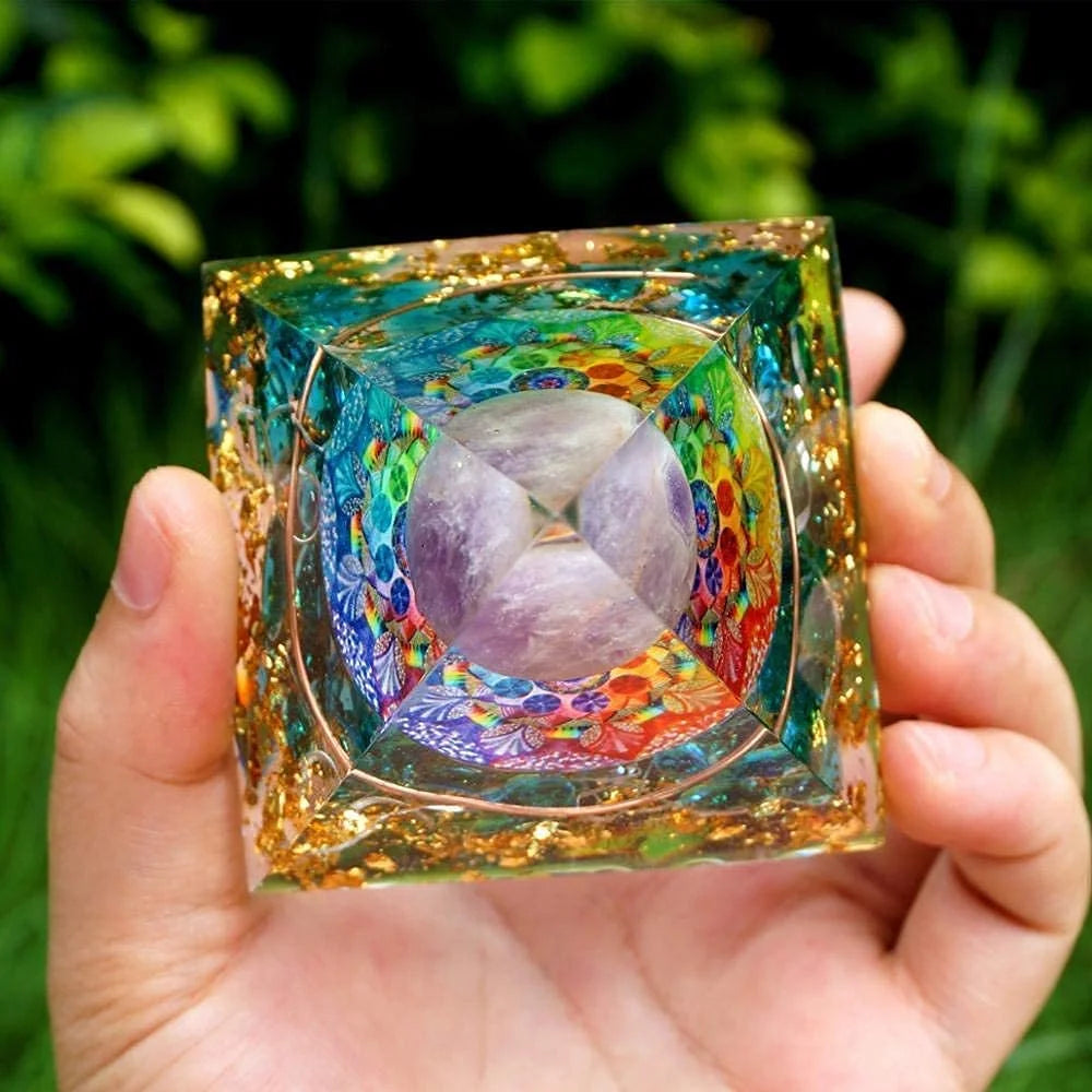 Orgonite Pyramid Sphere Amethyst on Turquoise and Gold bubbles 
