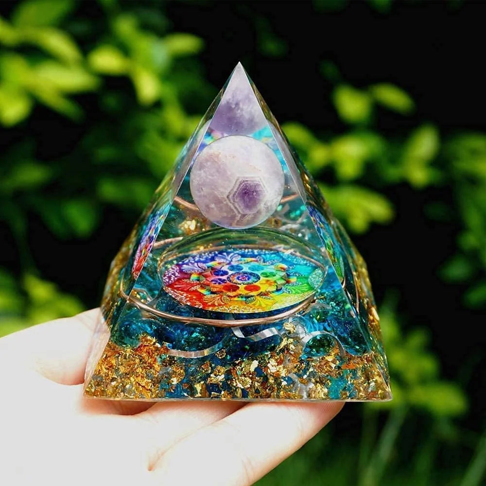 Orgonite Pyramid Sphere Amethyst on Turquoise and Gold bubbles 