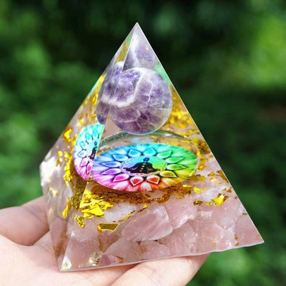 Orgonite Pyramid Sphere Amethyst / Rose Quartz / 7 Chakras 