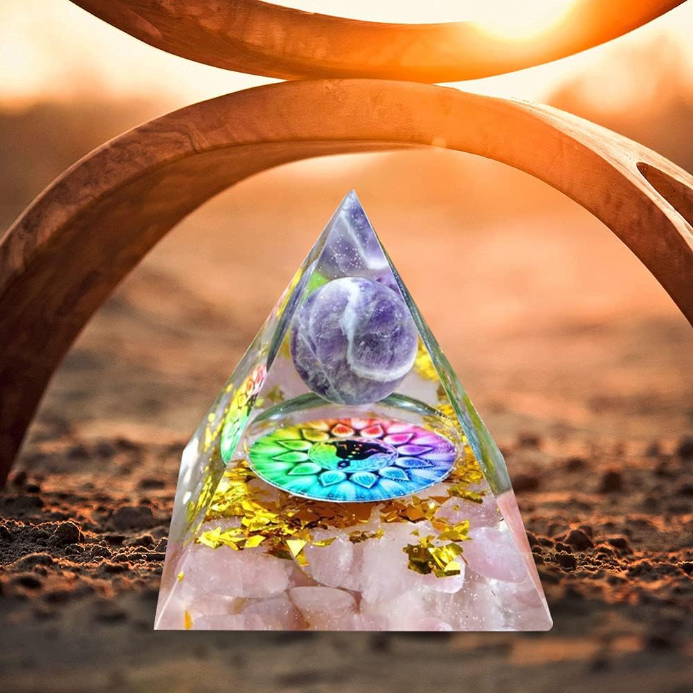 Orgonite Pyramid Sphere Amethyst / Rose Quartz / 7 Chakras 