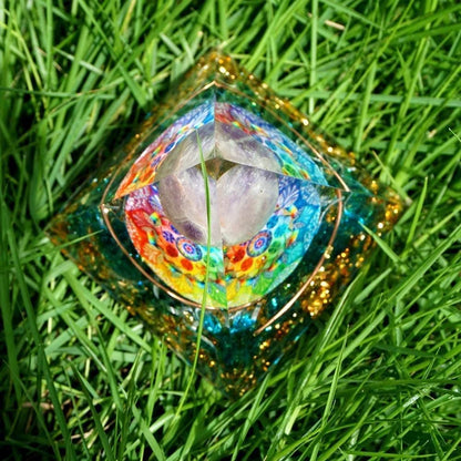 Orgonite Pyramid Sphere Amethyst on Turquoise and Gold bubbles 