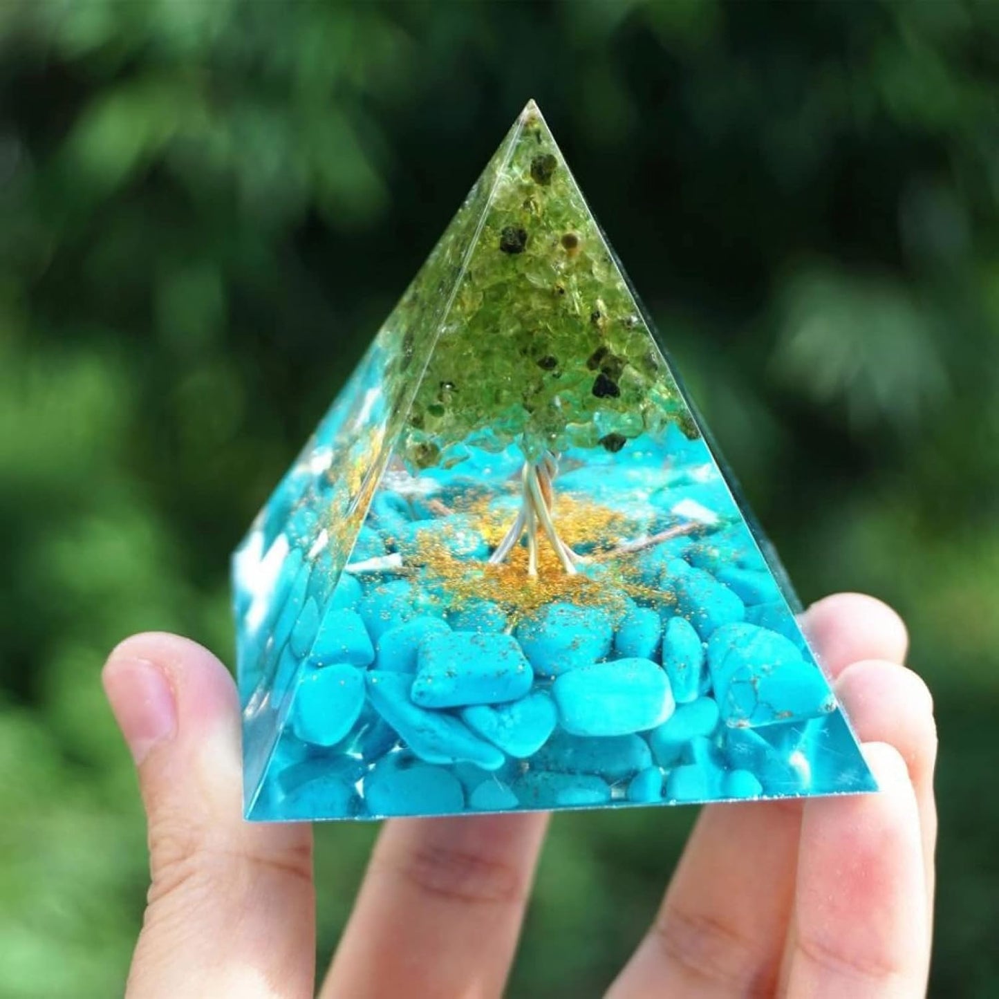 Orgonite Pyramid Tree of Life in Peridot on Turquoise and Gold bubbles 