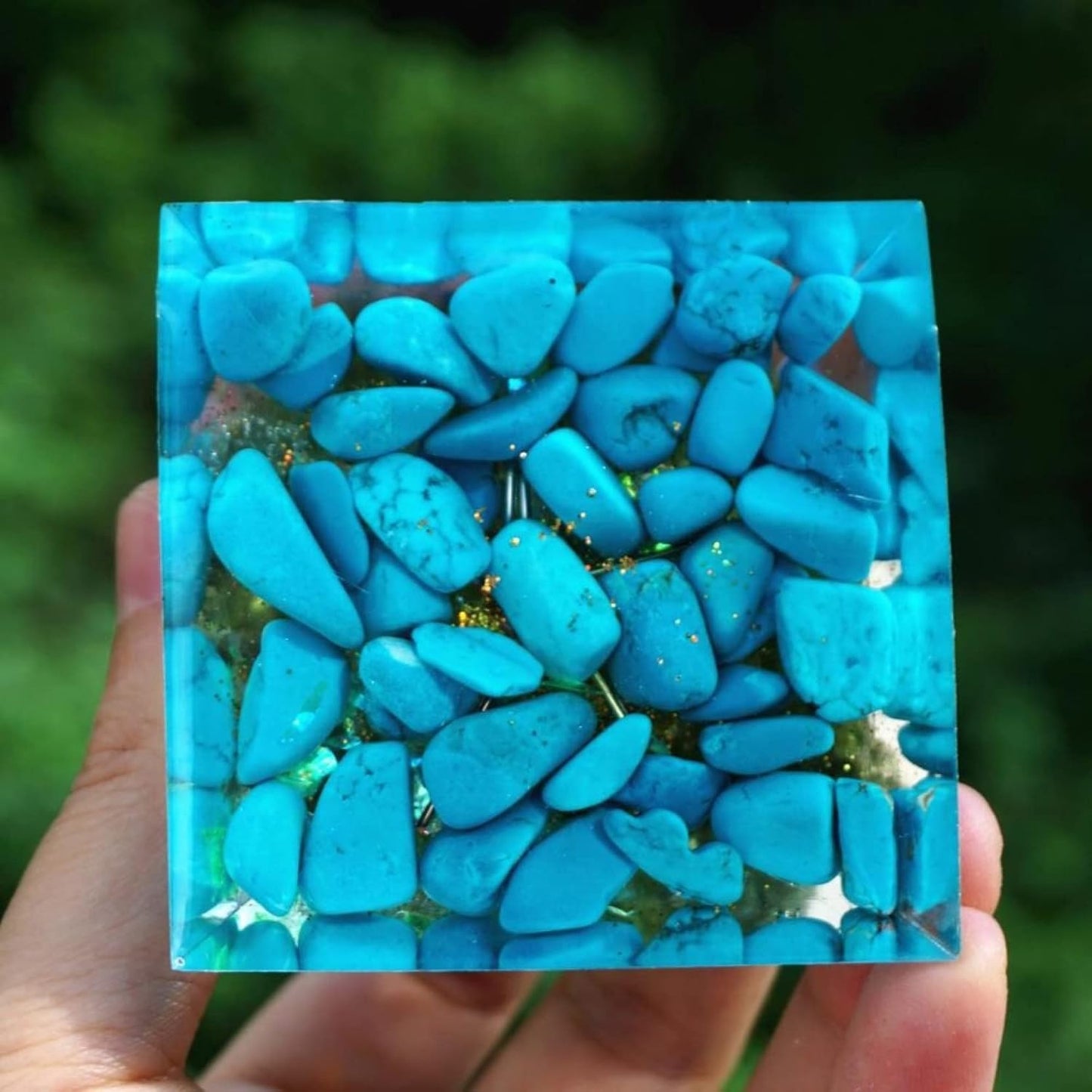 Orgonite Pyramid Tree of Life in Peridot on Turquoise and Gold bubbles 