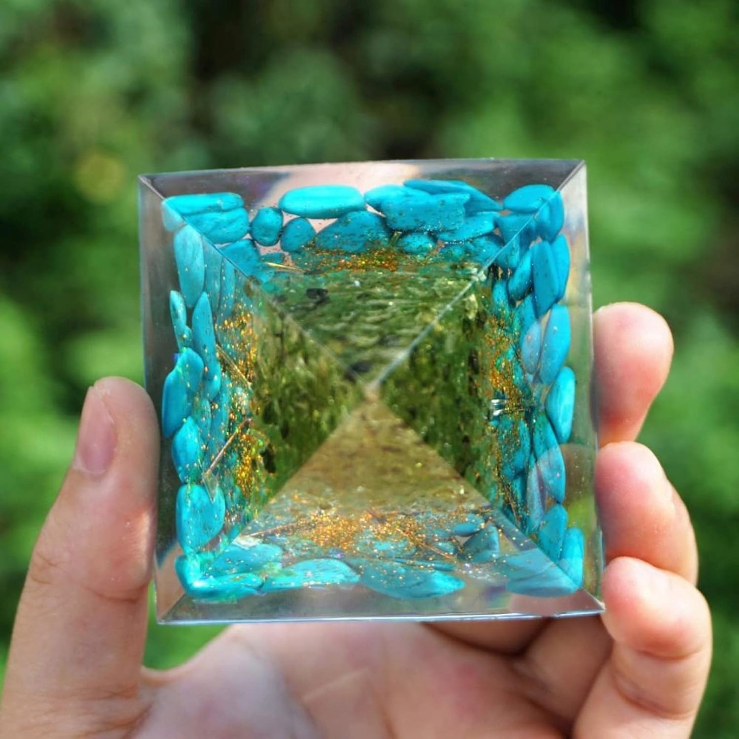 Orgonite Pyramid Tree of Life in Peridot on Turquoise and Gold bubbles 