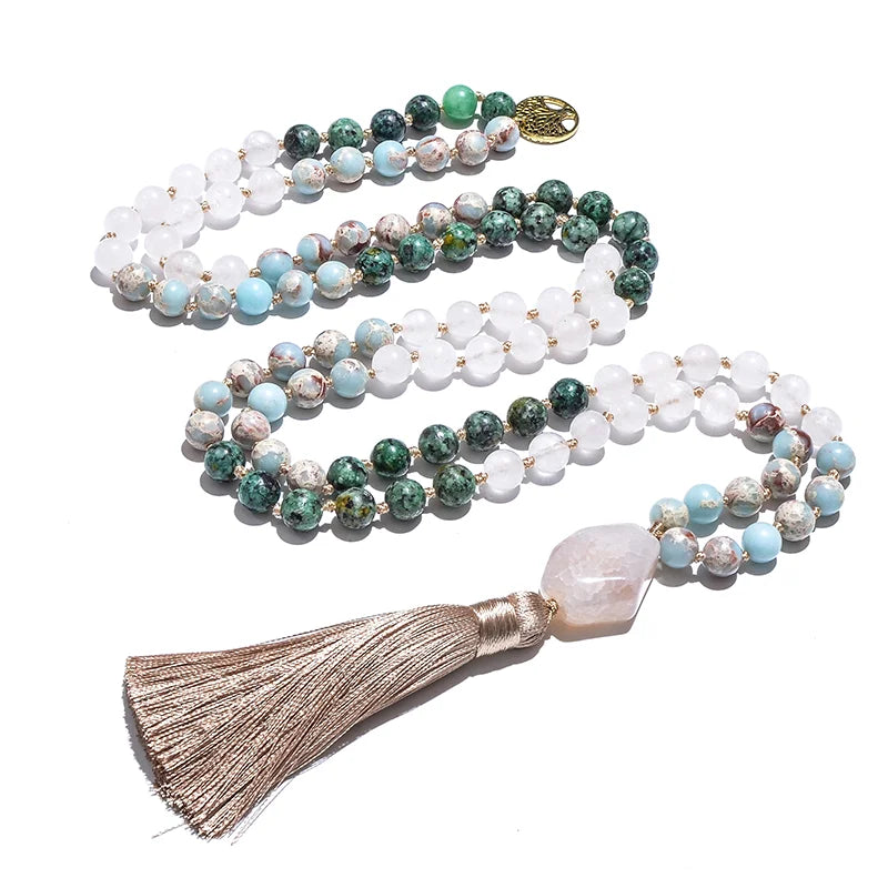 Japanese Mala necklace in white stone and African turquoise 