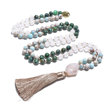 Japanese Mala necklace in white stone and African turquoise 