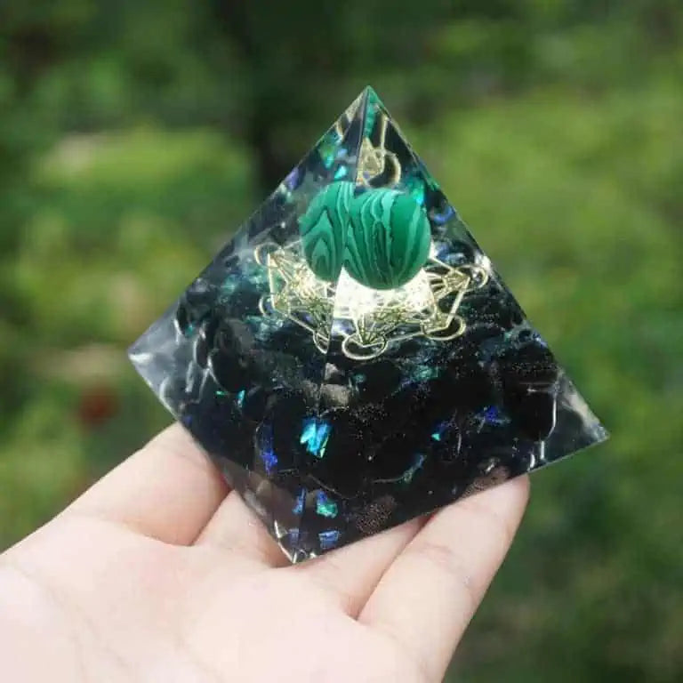 Orgonite Malachite Pyramid with Obsidian Metatron 