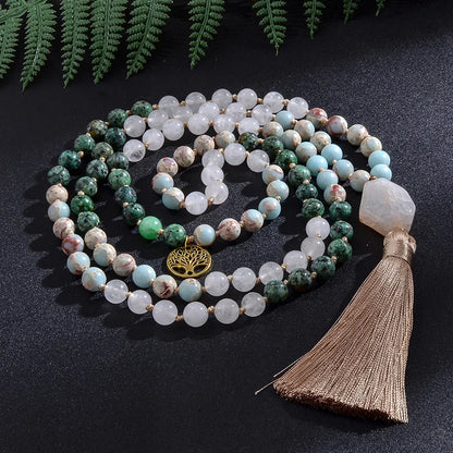 Japanese Mala necklace in white stone and African turquoise 