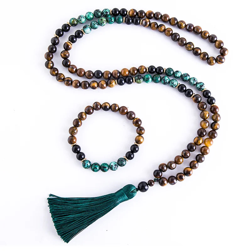 Tiger eye and turquoise tassel necklace 