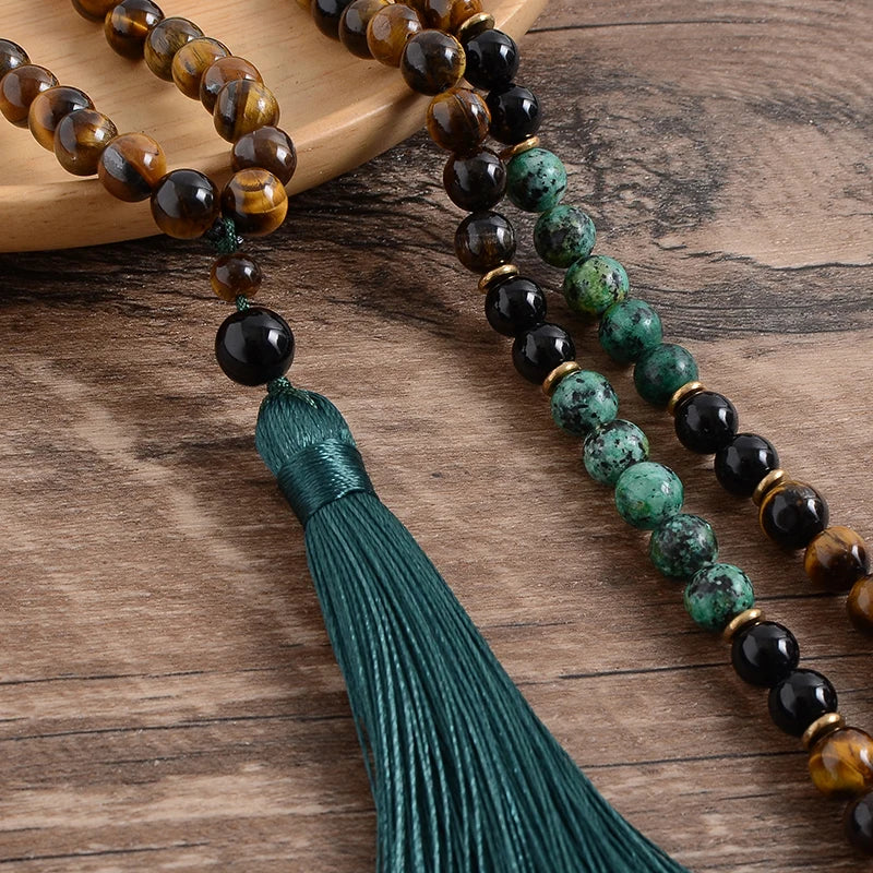 Tiger eye and turquoise tassel necklace 