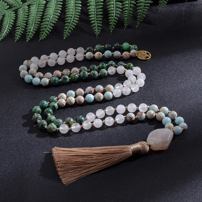 Japanese Mala necklace in white stone and African turquoise 