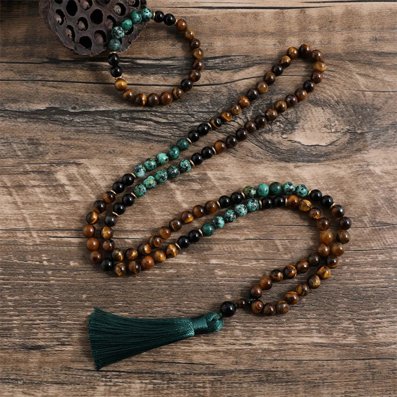 Tiger eye and turquoise tassel necklace 