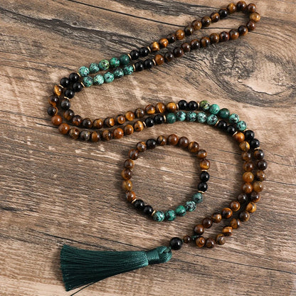 Tiger eye and turquoise tassel necklace 