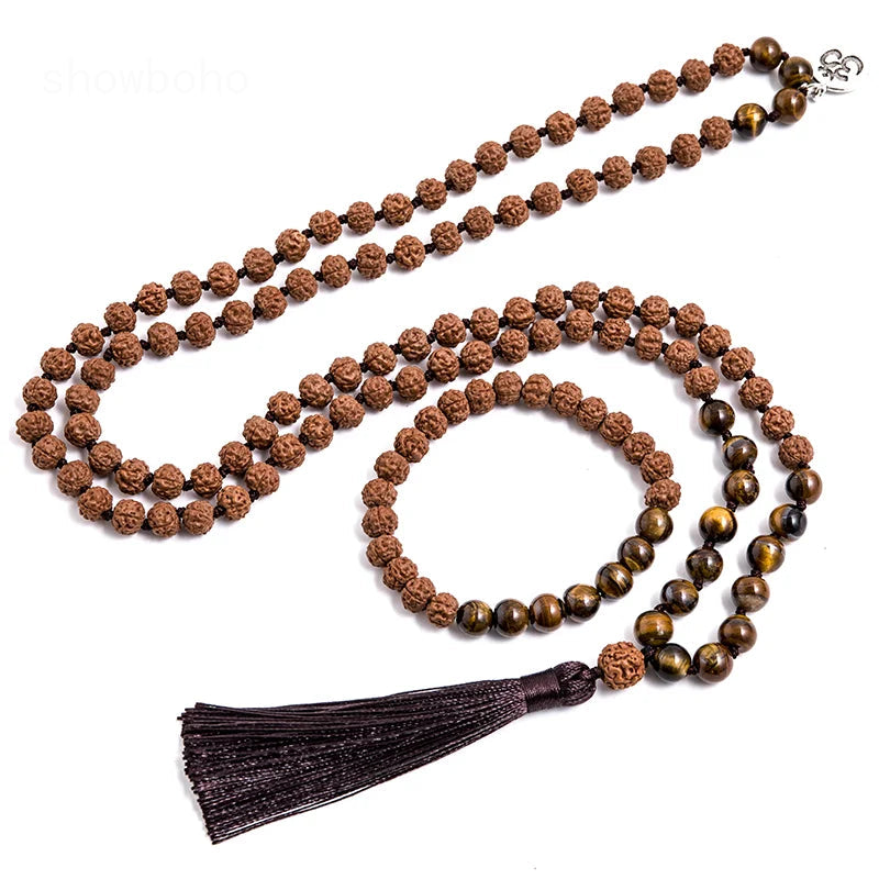 Traditional mala in tiger's eye and Rudraksha 