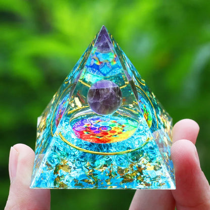 Orgonite Pyramid Sphere Amethyst on Turquoise and Gold bubbles 