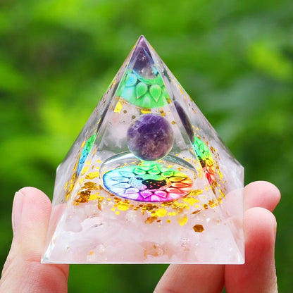 Orgonite Pyramid Sphere Amethyst / Rose Quartz / 7 Chakras 
