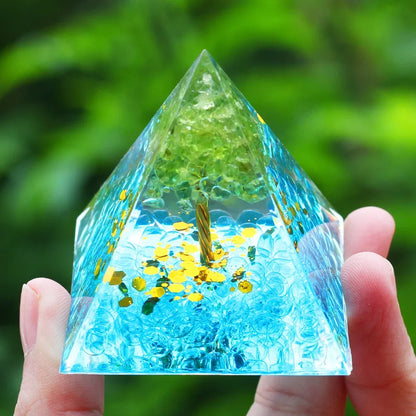 Orgonite Pyramid Tree of Life in Peridot on Turquoise and Gold bubbles 