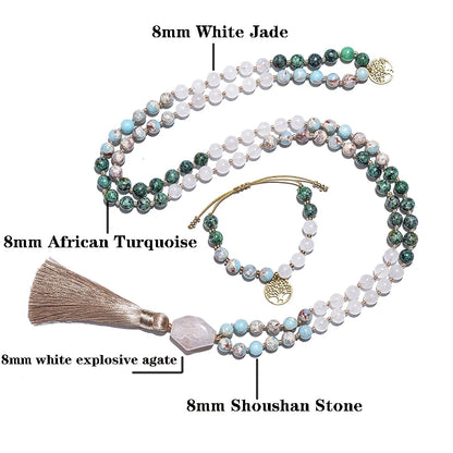Japanese Mala necklace in white stone and African turquoise 