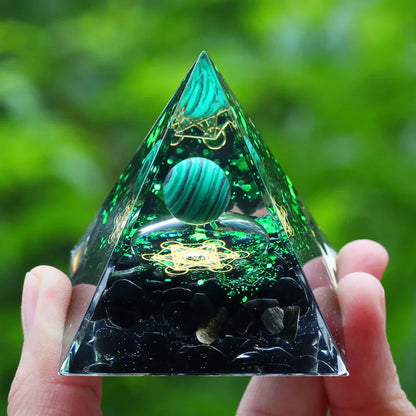 Orgonite Malachite Pyramid with Obsidian Metatron 