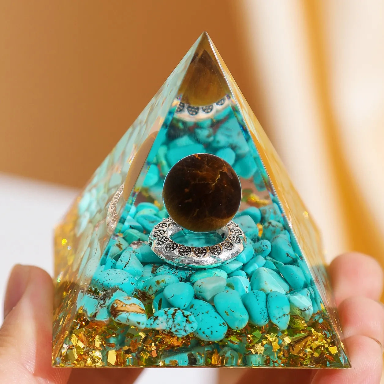 Orgonite Pyramid Sphere Yellow Jasper / Turquoise 